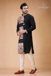Madhubani Design Silk Kurta for Men in Elegant Ebony Black - Craftyle