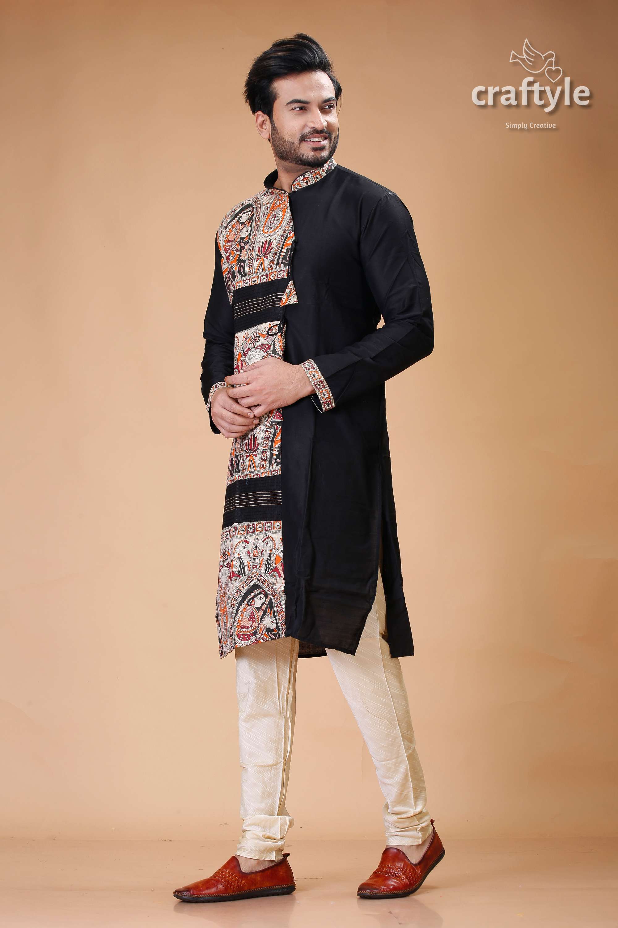 Madhubani Design Silk Kurta for Men in Elegant Ebony Black - Craftyle
