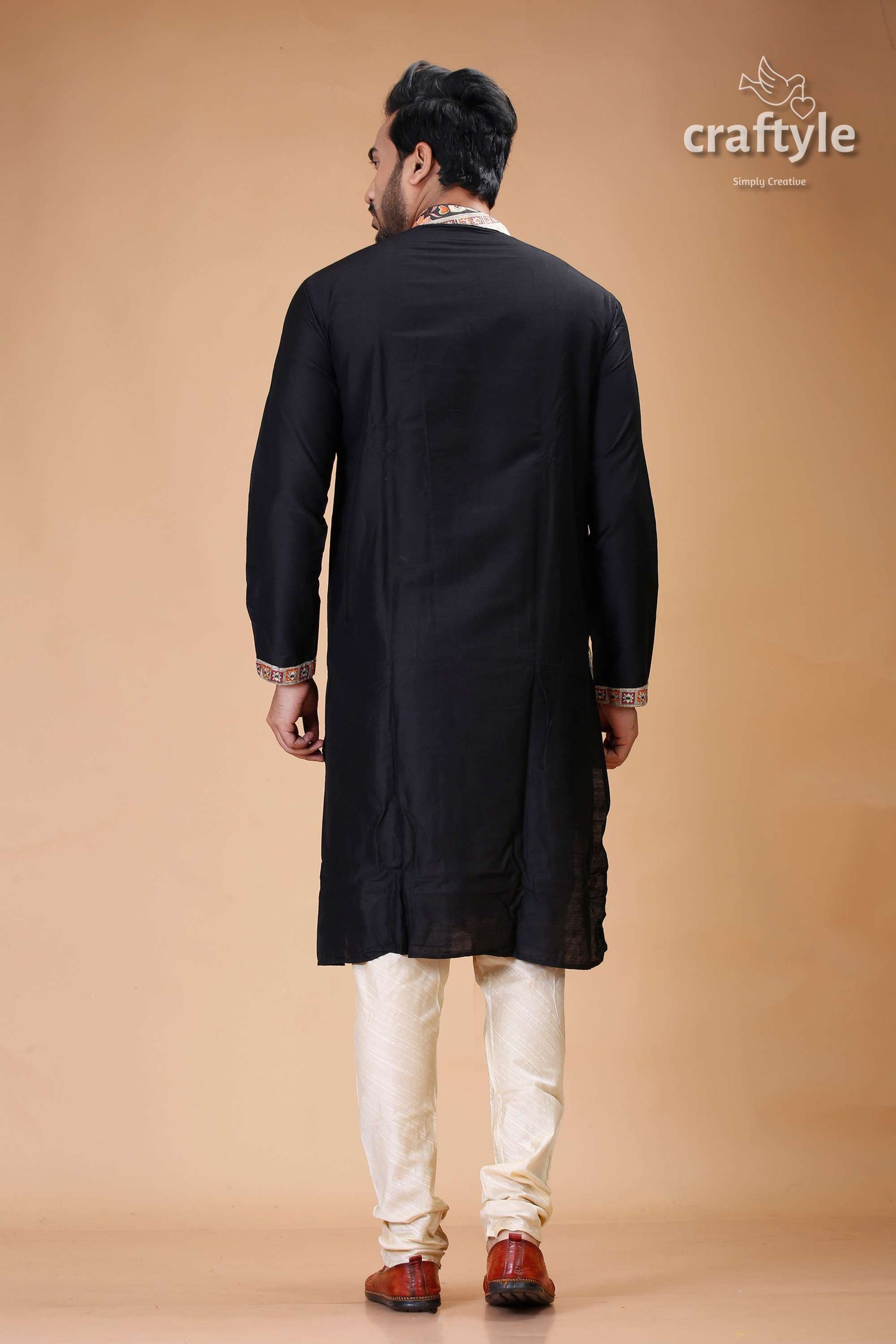 Madhubani Design Silk Kurta for Men in Elegant Ebony Black - Craftyle