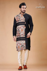 Madhubani Design Silk Kurta for Men in Elegant Ebony Black - Craftyle
