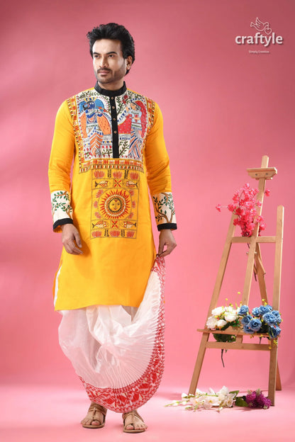 Madhubani hand-painted cotton punjabi for men with kantha embroidery men’s yellow kurta colorful folk 5