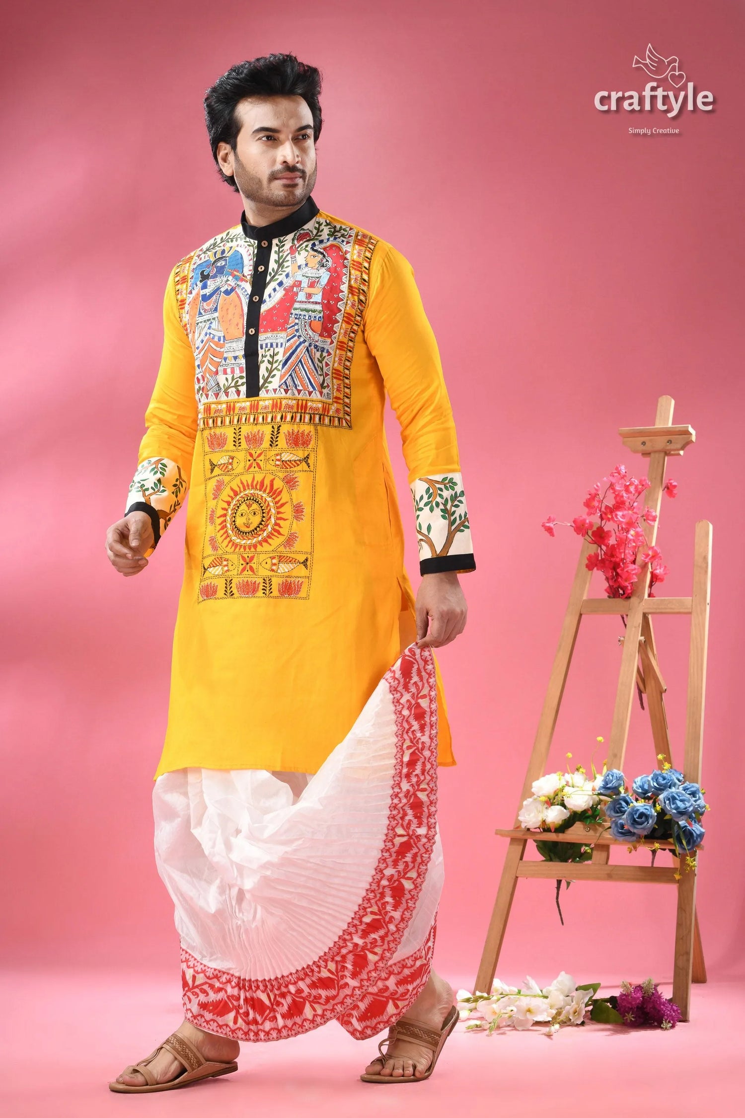 Madhubani hand-painted cotton punjabi for men with kantha embroidery men’s yellow kurta colorful folk 4