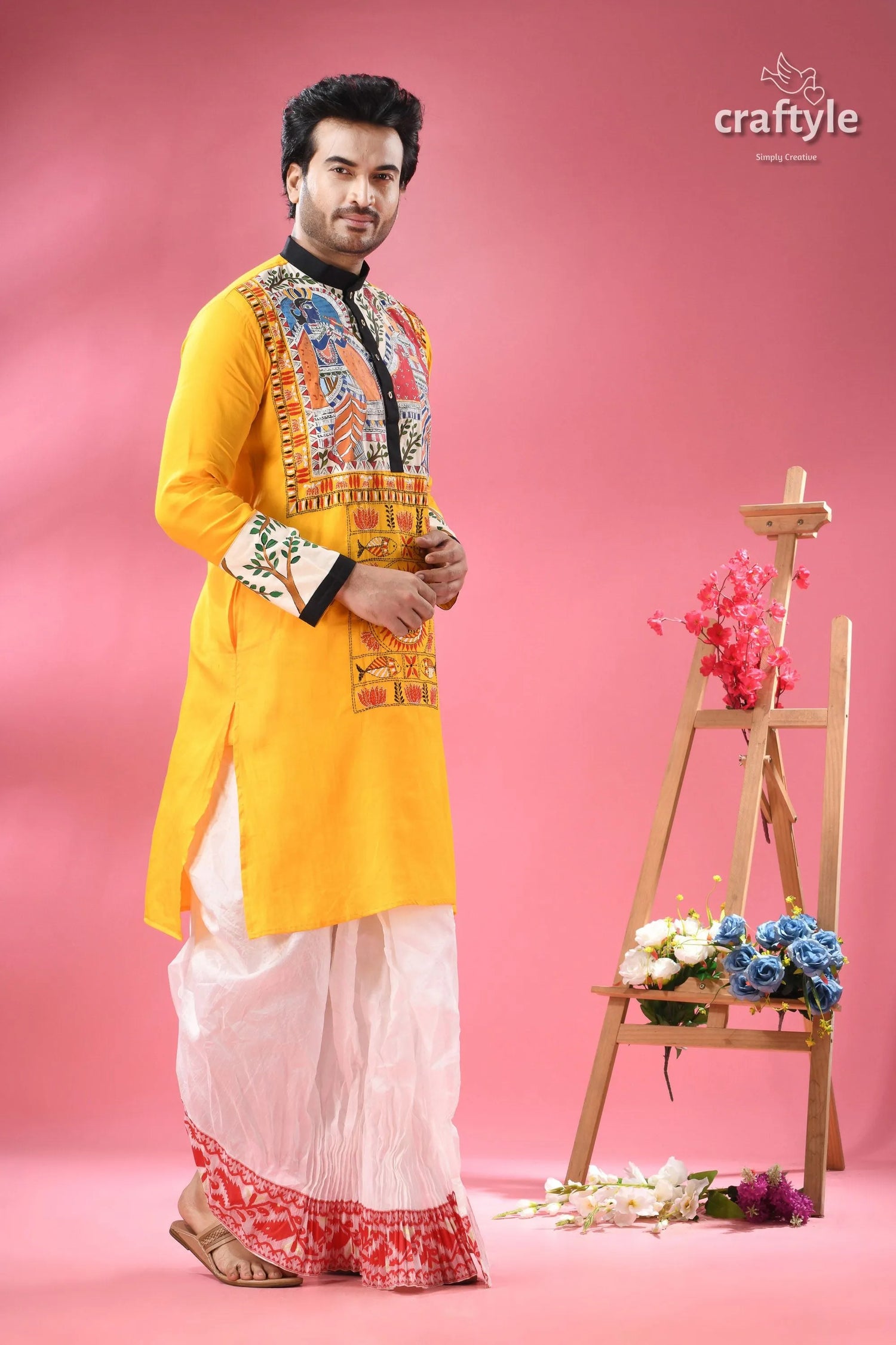 Madhubani hand-painted cotton punjabi for men with kantha embroidery men’s yellow kurta colorful folk 8
