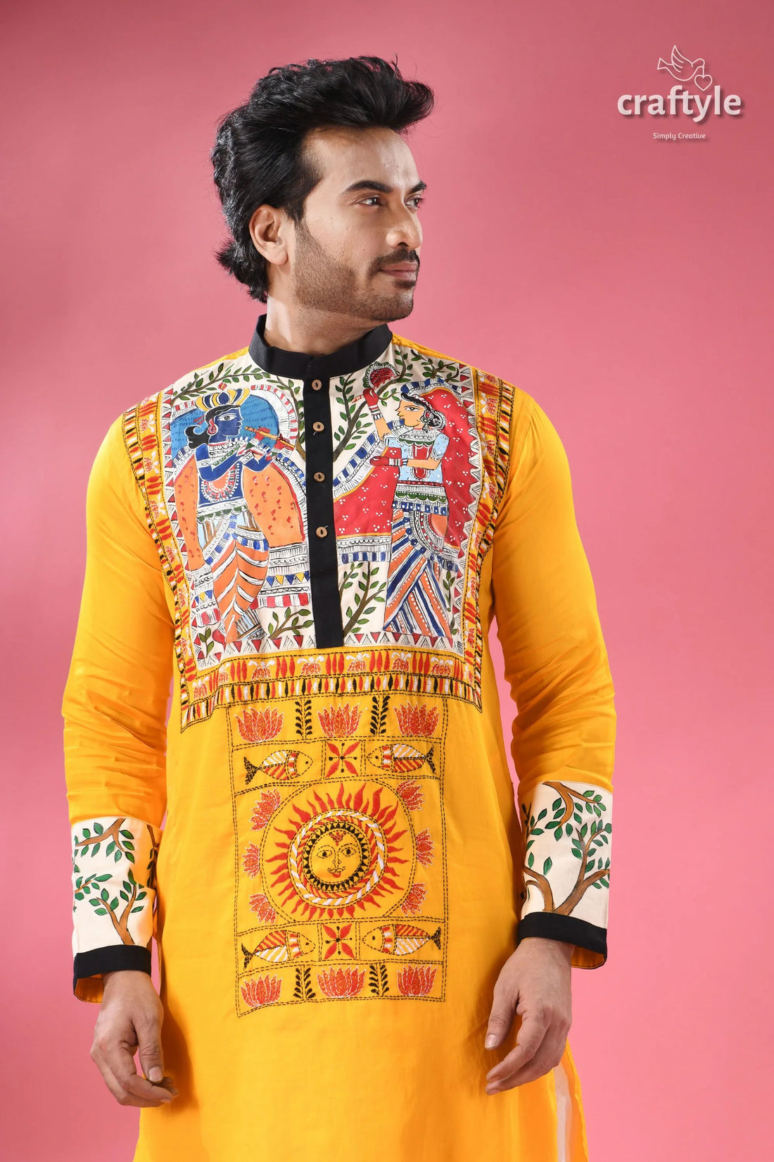 Madhubani hand-painted cotton punjabi for men with kantha embroidery men’s yellow kurta black collar 2