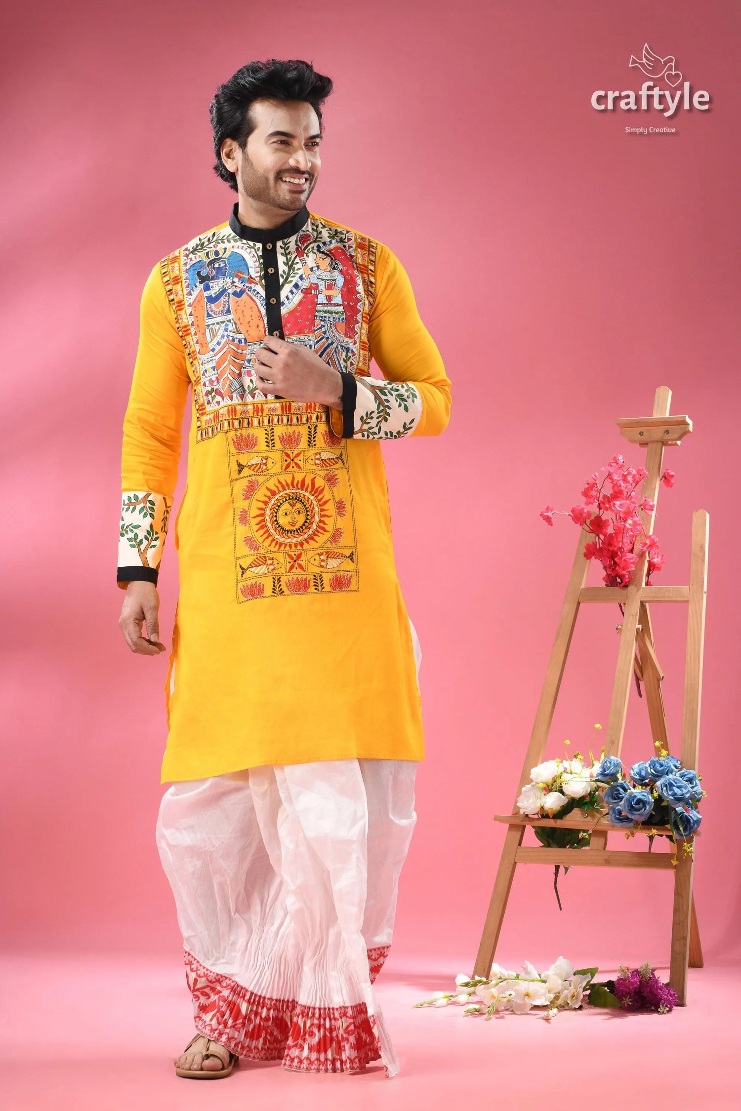 Madhubani hand-painted cotton punjabi for men with kantha embroidery men’s yellow kurta colorful folk 7