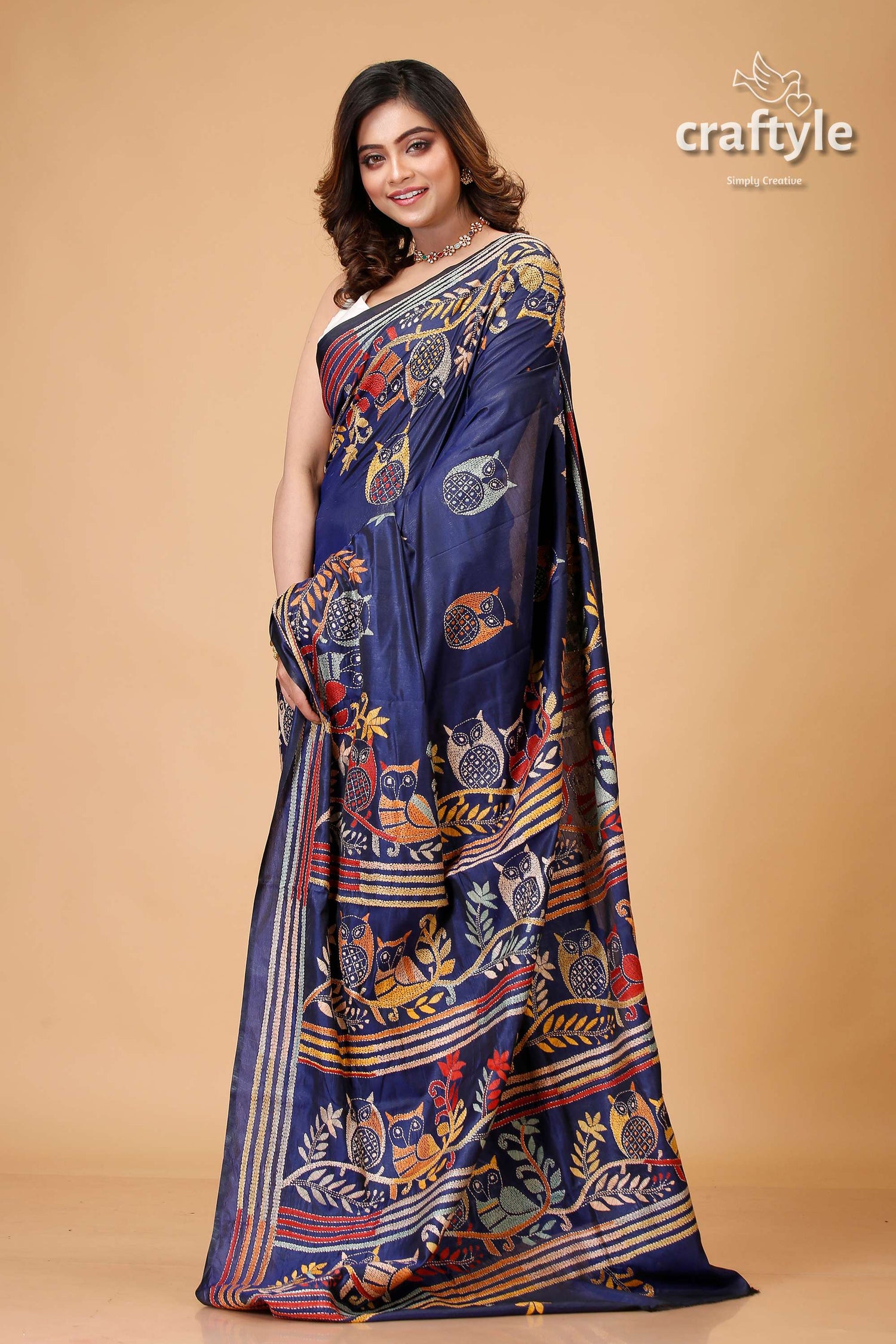Madison Blue Owl Motif Exclusive Kantha Silk Saree - Craftyle
