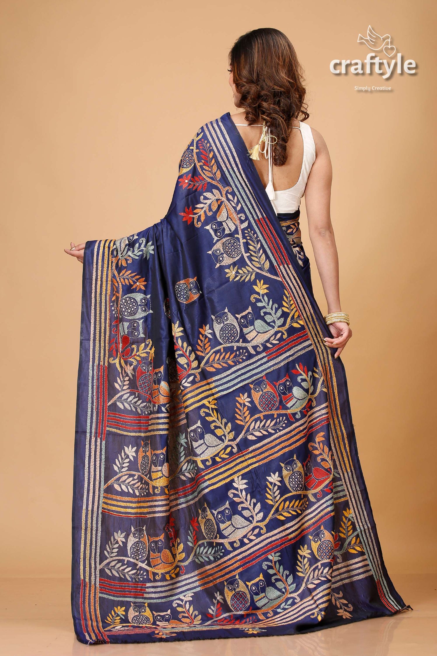 Madison Blue Owl Motif Exclusive Kantha Silk Saree - Craftyle