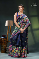 Madison blue peacock motif silk kantha embroidery saree navy blue saree floral embroidery 4