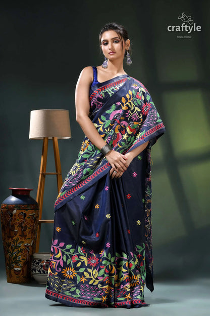 Madison blue peacock motif silk kantha embroidery saree navy blue saree floral embroidery 4