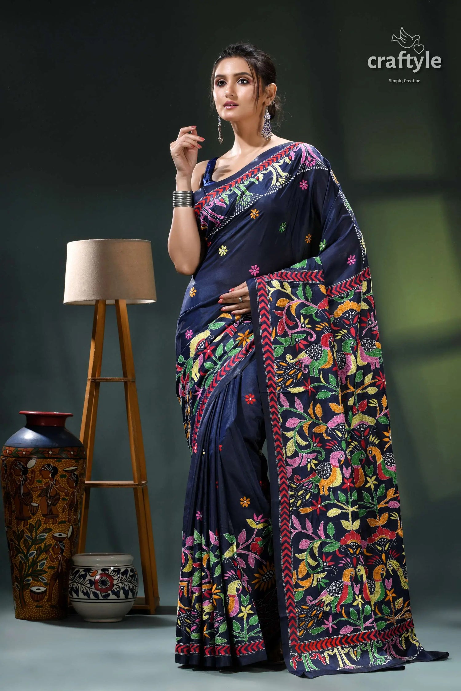 Madison blue peacock motif silk kantha embroidery saree navy blue saree floral embroidery 6