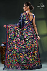 Madison blue peacock motif silk kantha embroidery saree navy blue saree vibrant floral 5