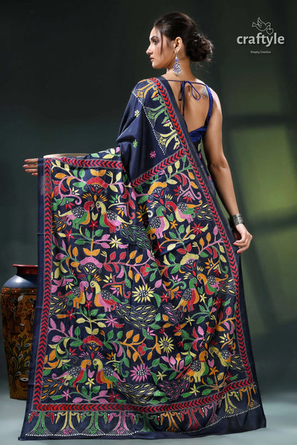 Madison blue peacock motif silk kantha embroidery saree navy blue saree vibrant floral 5