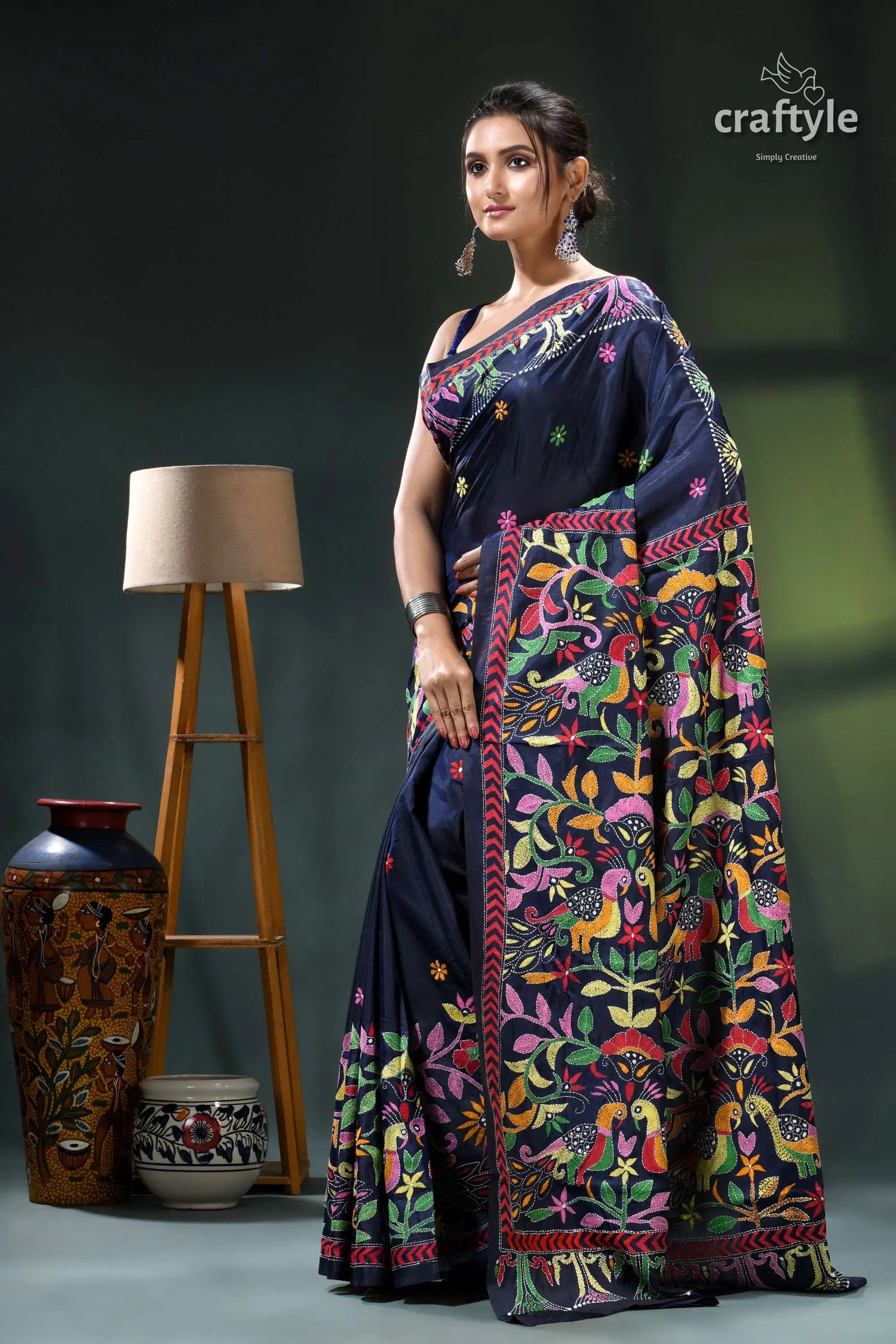 Madison blue peacock motif silk kantha embroidery saree navy blue saree colorful bird 3