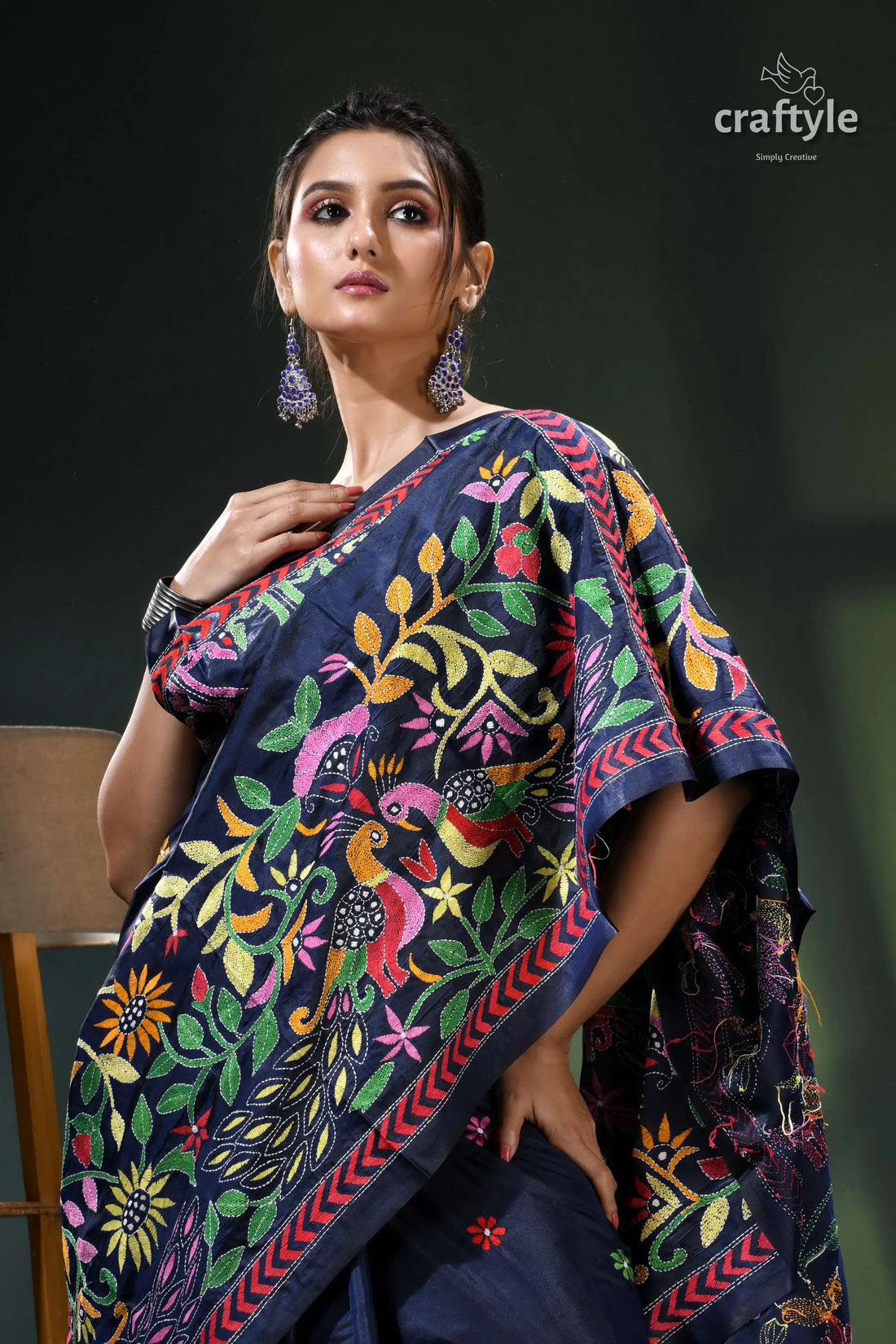 Madison blue peacock motif silk kantha embroidery saree navy blue saree colorful floral 2