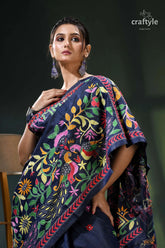 Madison blue peacock motif silk kantha embroidery saree navy blue saree colorful floral 2