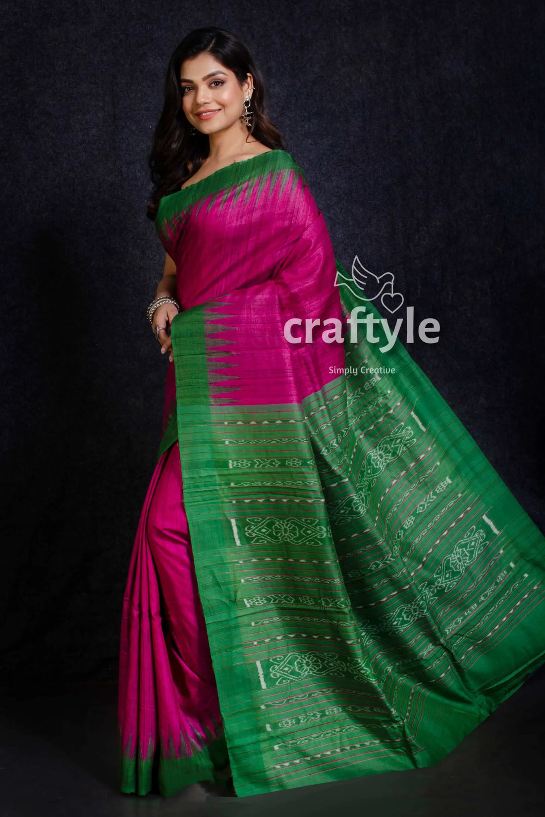 magenta-and-green-handwoven-sambalpuri-ikat-ghicha-tussar-silk-saree