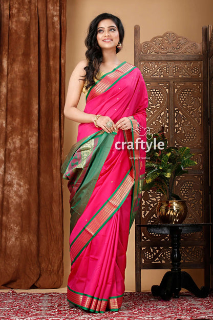 Magenta and green zari border bomkai silk saree pink saree green gold border 4