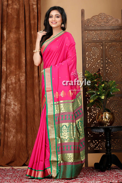 Magenta and green zari border bomkai silk saree pink saree green gold border 3