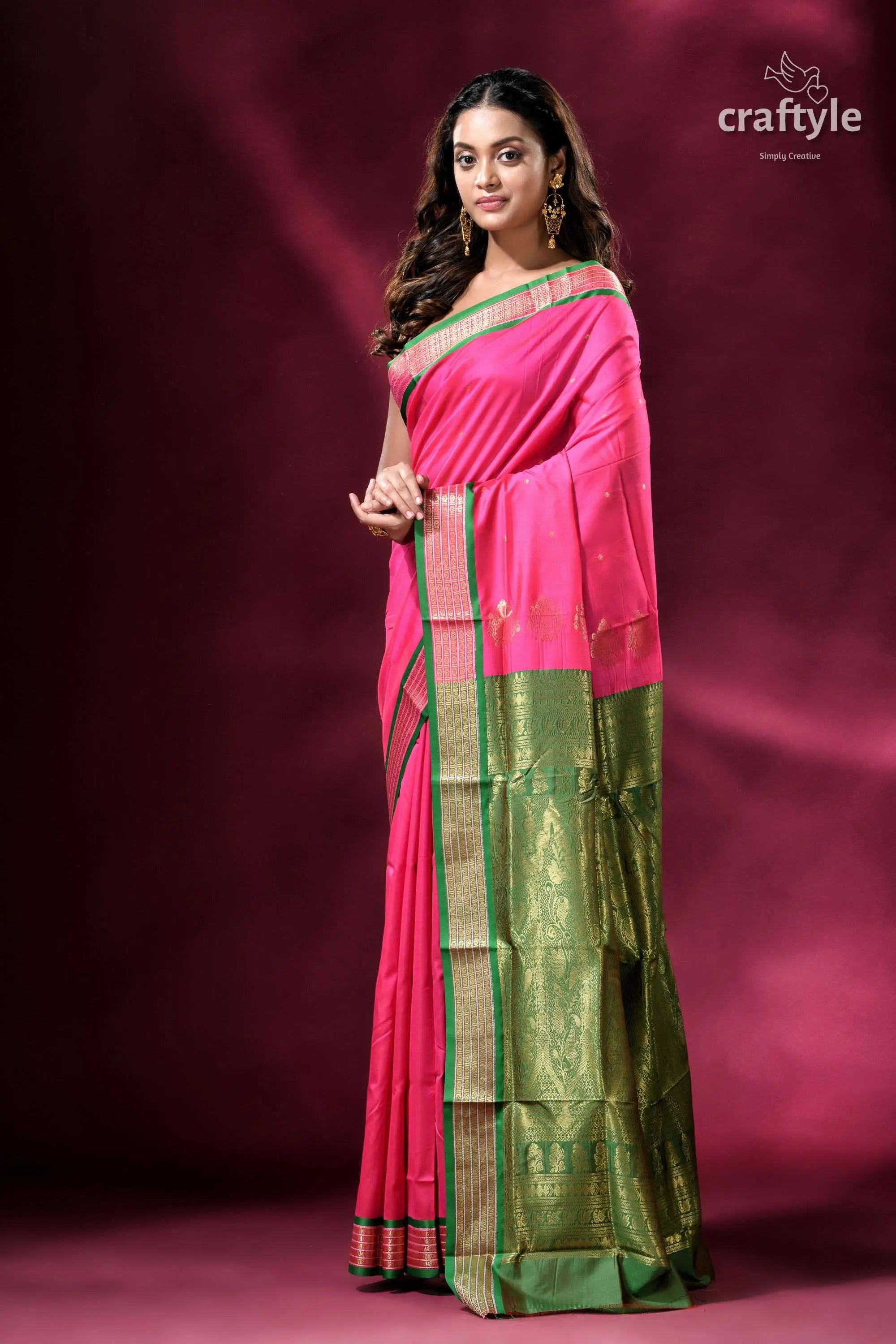 Magenta and green zari border exclusive bomkai silk saree pink saree green gold border 3