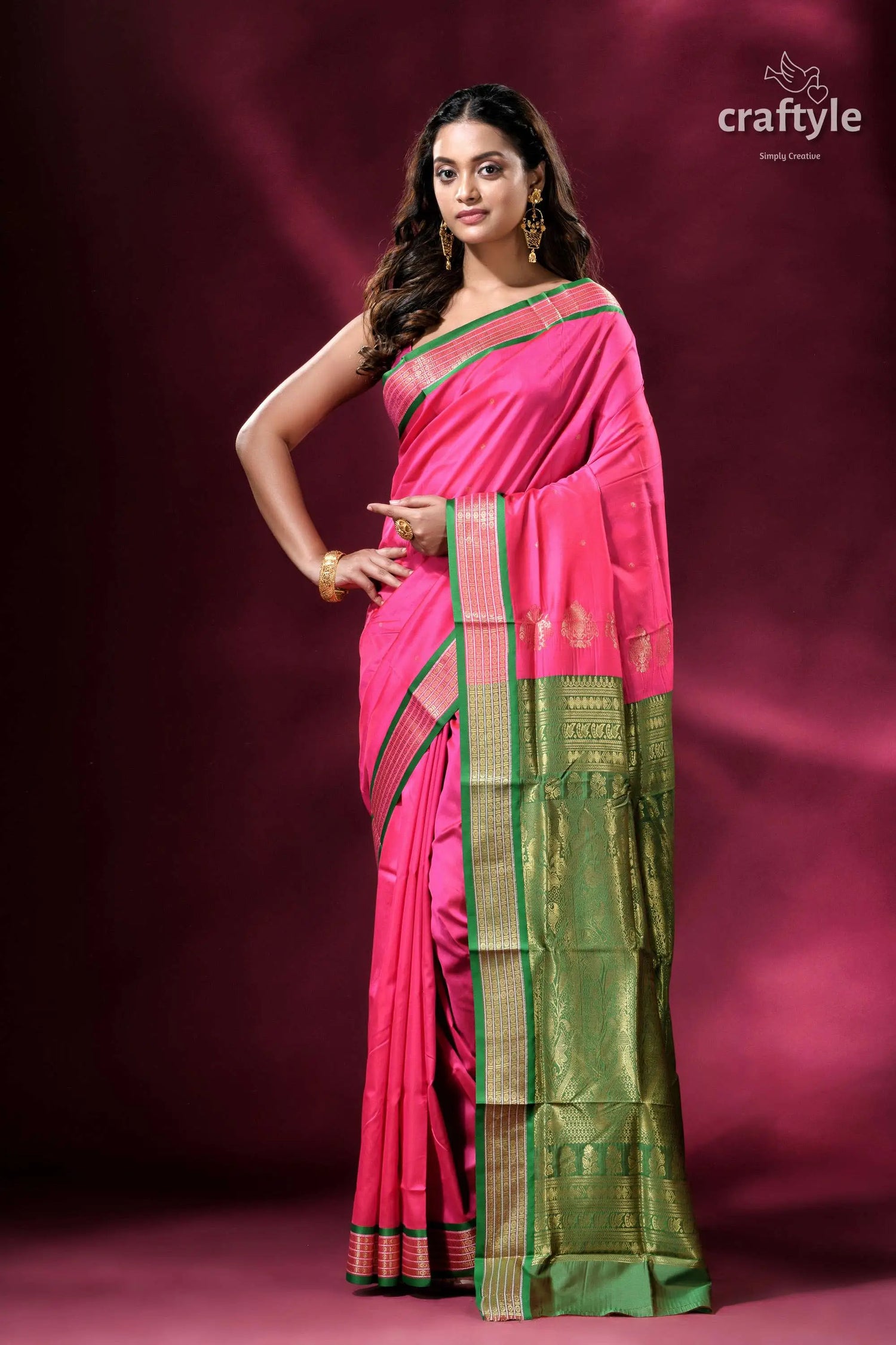 Magenta and green zari border exclusive bomkai silk saree pink green silk saree 1