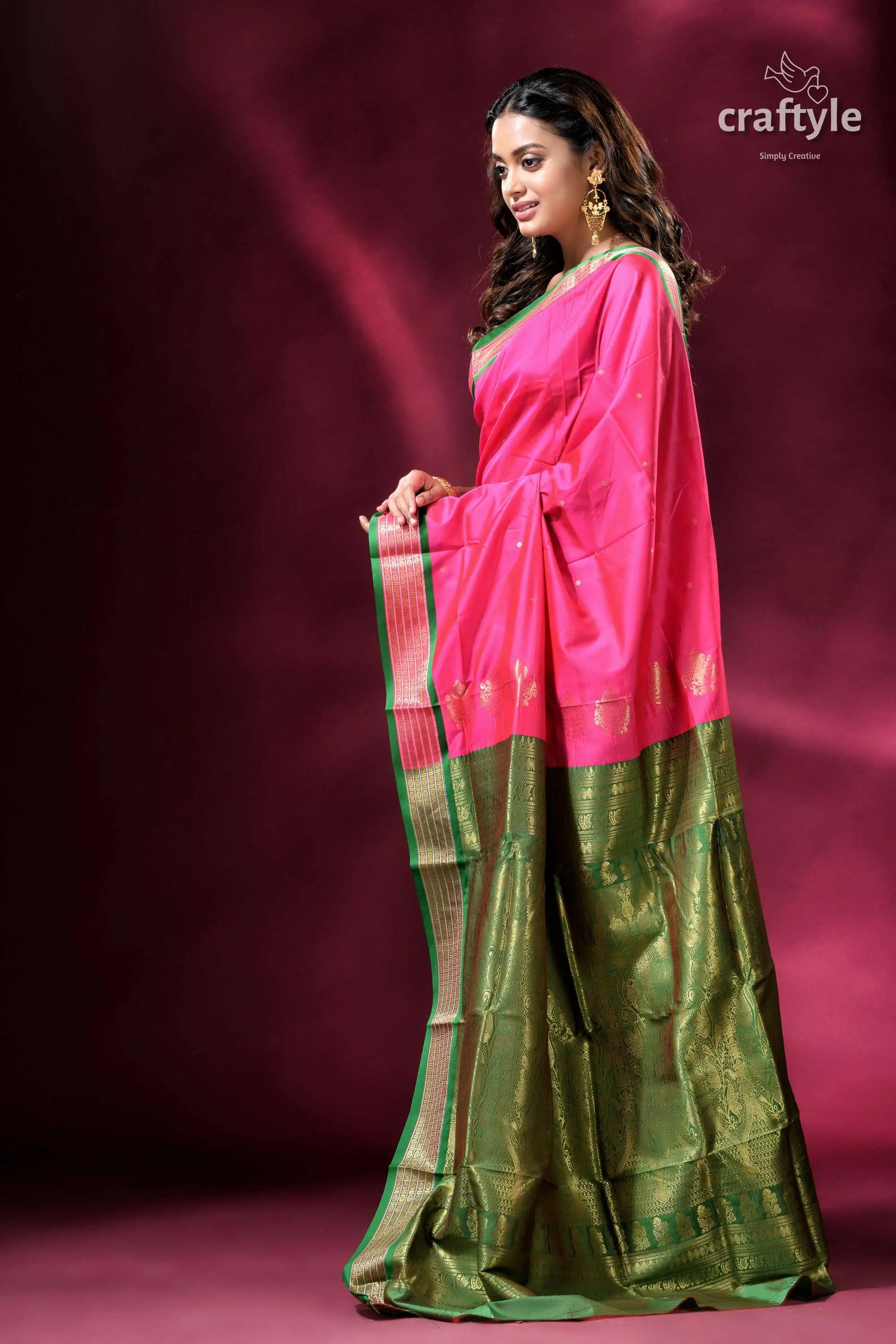 Magenta and green zari border exclusive bomkai silk saree pink green silk saree 4