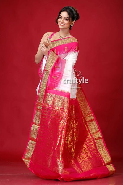 Magenta and white kanjivaram silk saree pink white saree gold trim 4