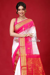 Magenta and white kanjivaram silk saree woman white pink saree 2