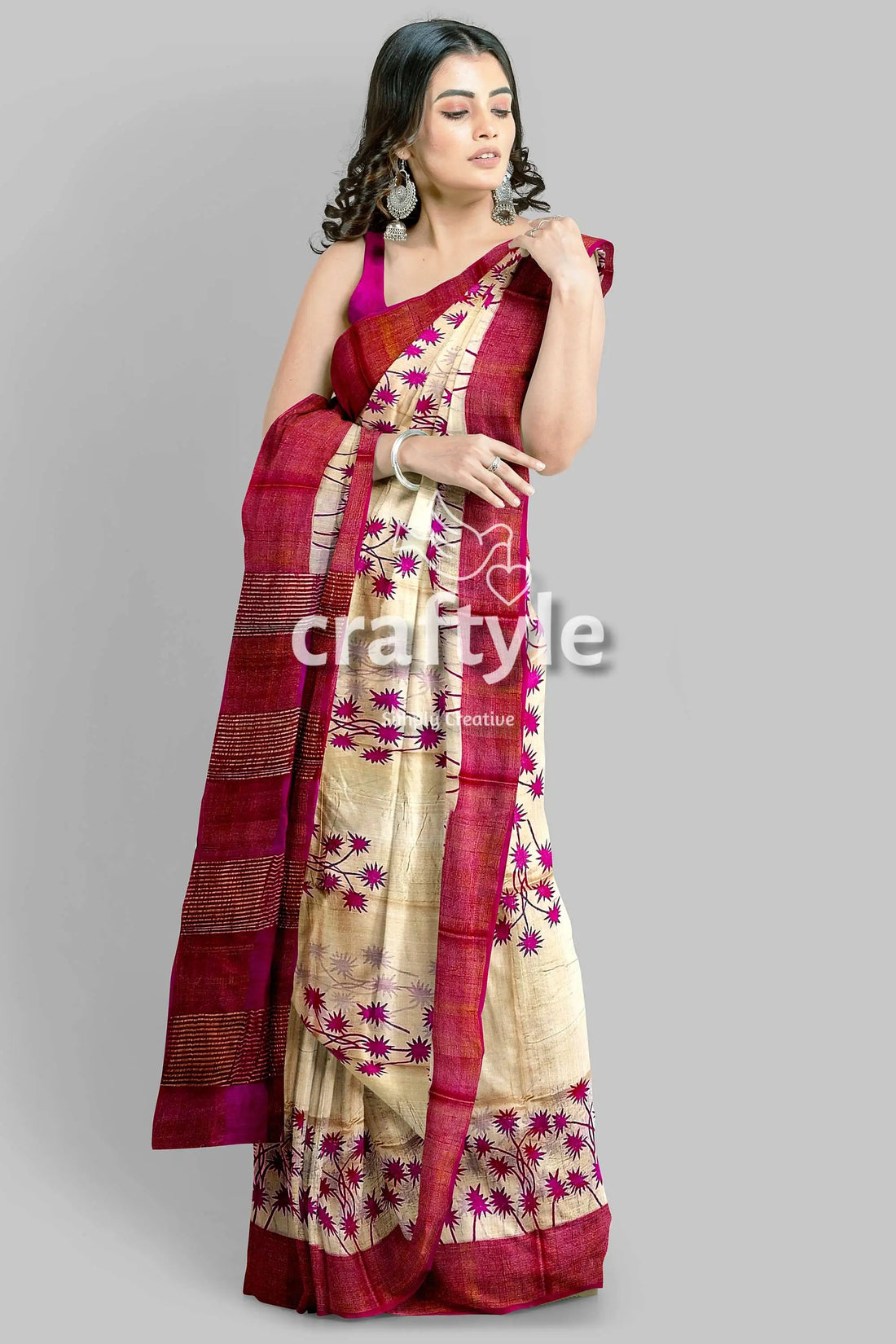 Magenta cream hand block print zari border pure tussar saree woman cream maroon saree 2