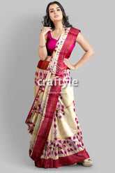 Magenta Cream Hand Block Print Zari Border Pure Tussar Saree - Craftyle