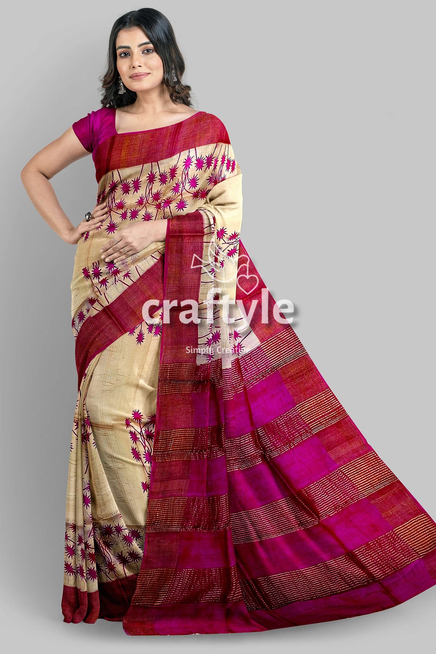 Magenta Cream Hand Block Print Zari Border Pure Tussar Saree - Craftyle