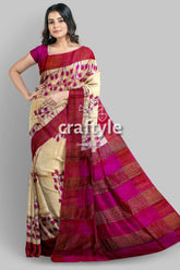 Magenta Cream Hand Block Print Zari Border Pure Tussar Saree - Craftyle