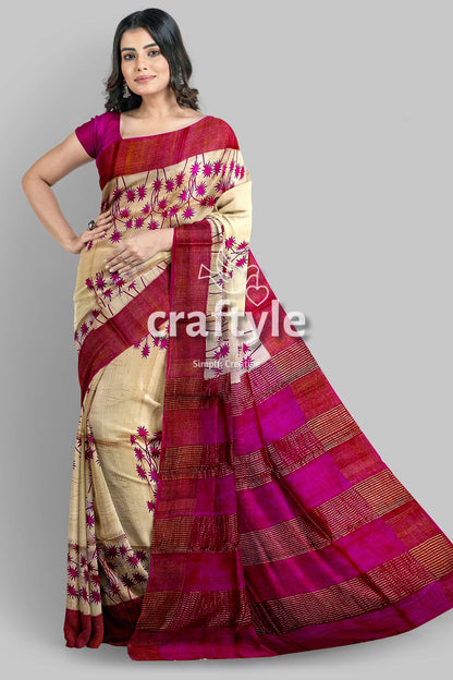 Magenta Cream Hand Block Print Zari Border Pure Tussar Saree - Craftyle