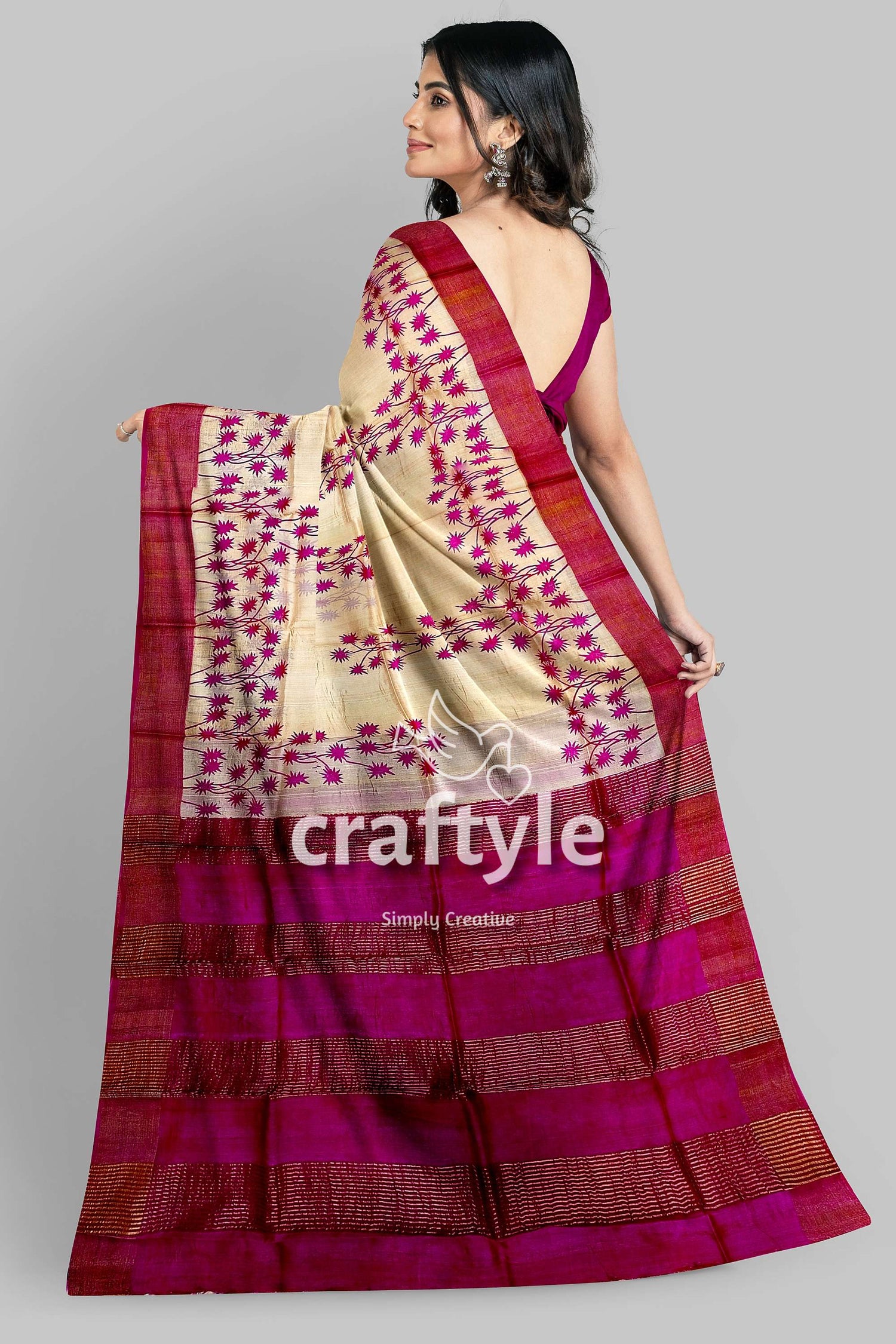 Magenta Cream Hand Block Print Zari Border Pure Tussar Saree - Craftyle