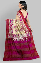 Magenta Cream Hand Block Print Zari Border Pure Tussar Saree - Craftyle