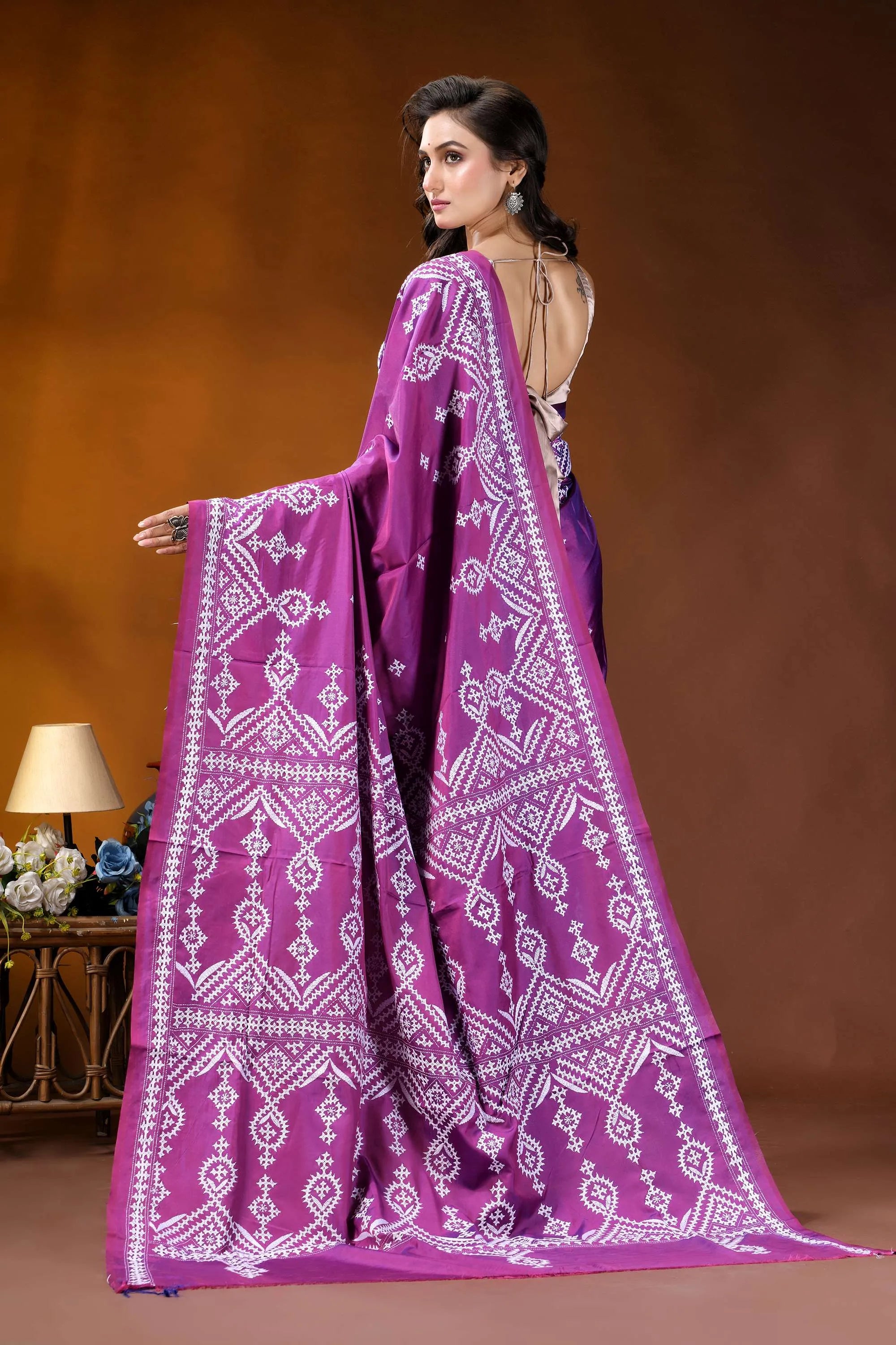 Magenta ethnic motif hand embroidery kutch silk saree vibrant purple saree intricate white 6