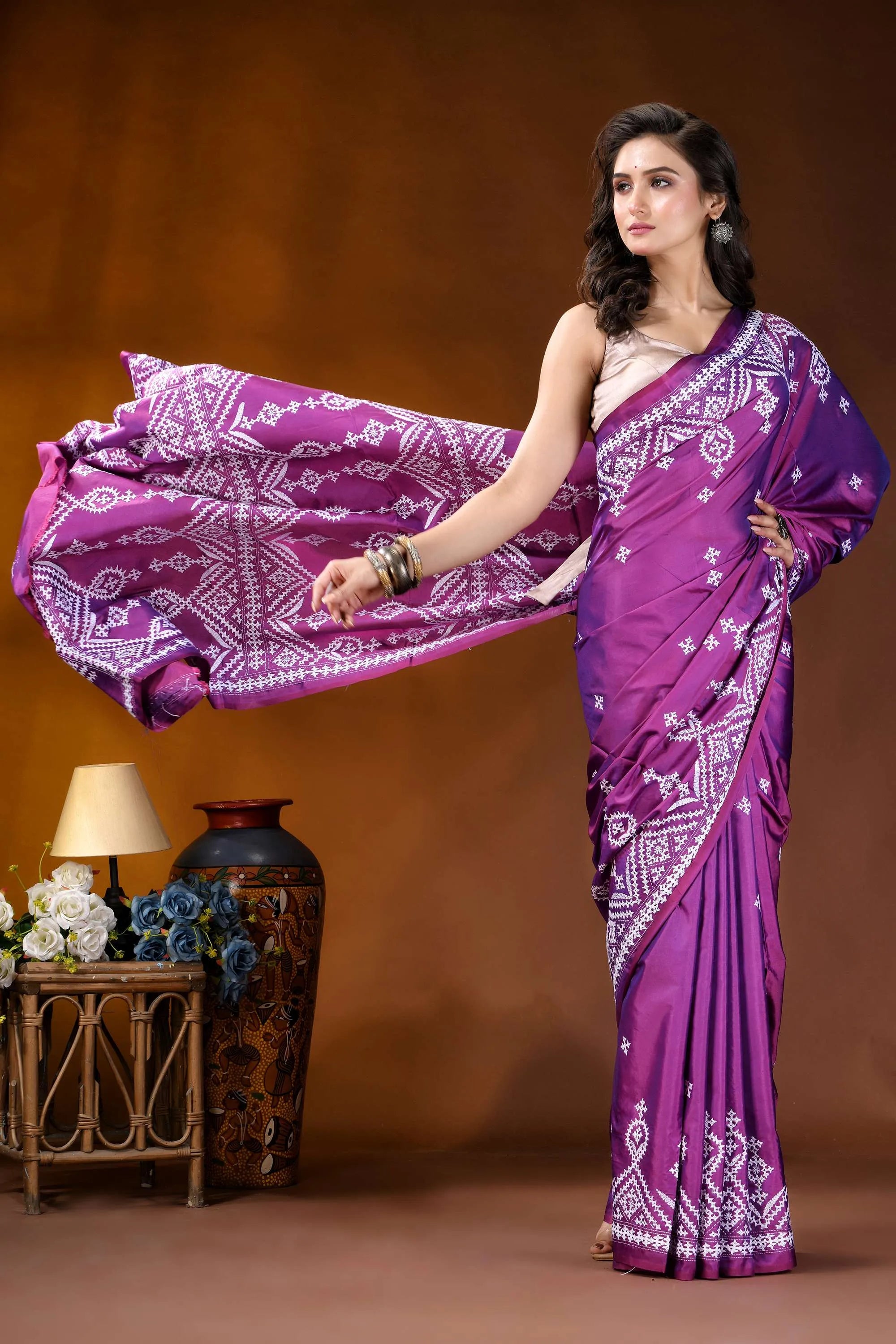 Magenta ethnic motif hand embroidery kutch silk saree vibrant purple saree intricate white 7