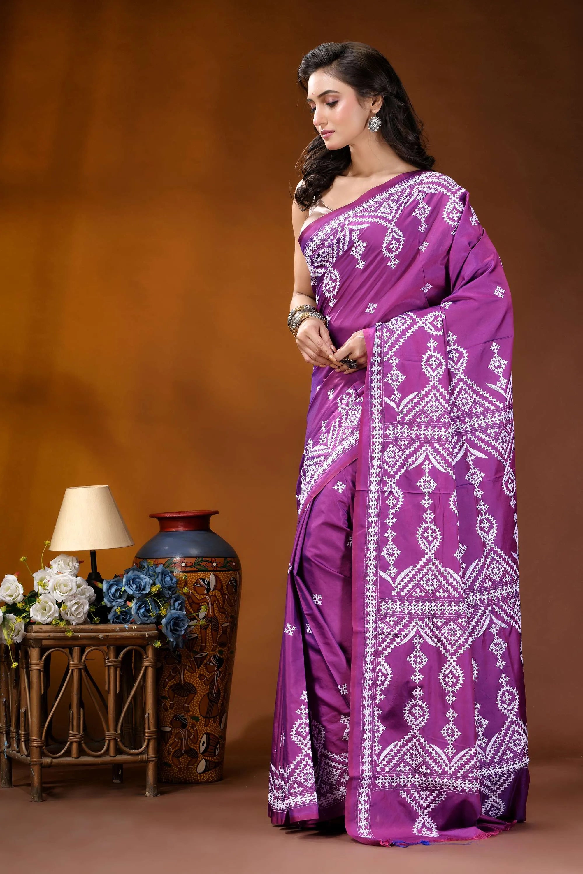 Magenta ethnic motif hand embroidery kutch silk saree vibrant purple saree intricate white 4
