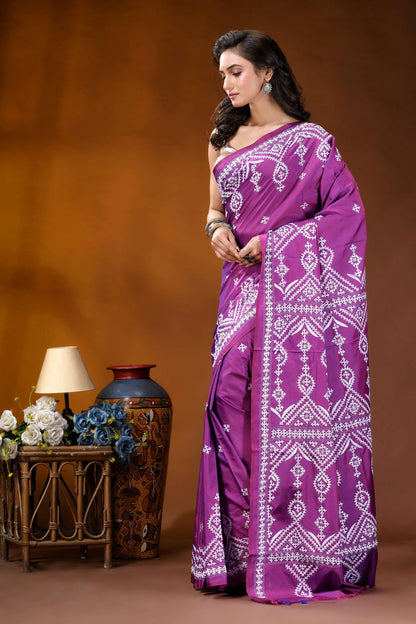 Magenta ethnic motif hand embroidery kutch silk saree vibrant purple saree intricate white 4