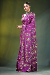 Magenta floral motif hand embroidery silk kantha saree vibrant purple adorned 3