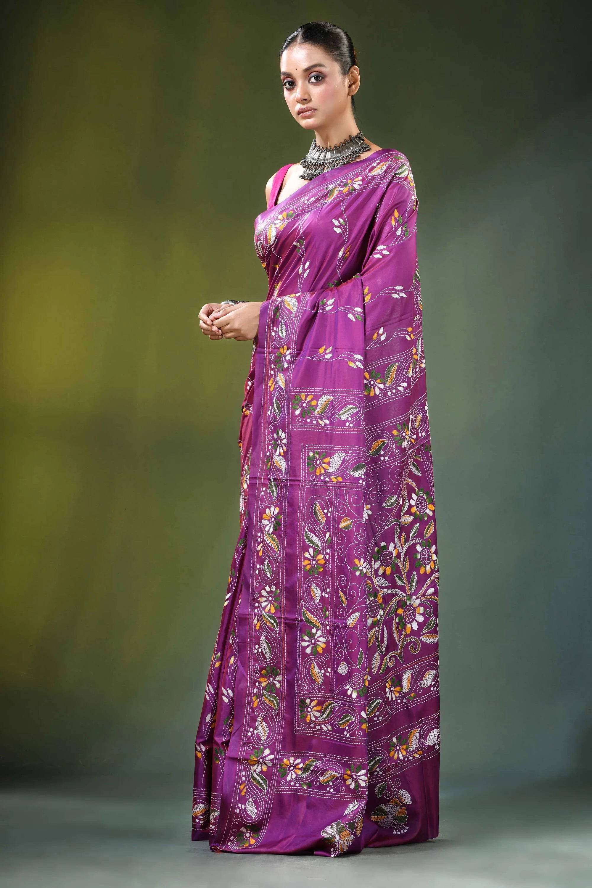 Magenta floral motif hand embroidery silk kantha saree vibrant purple adorned 3