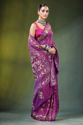 Magenta floral motif hand embroidery silk kantha saree vibrant purple intricate 4
