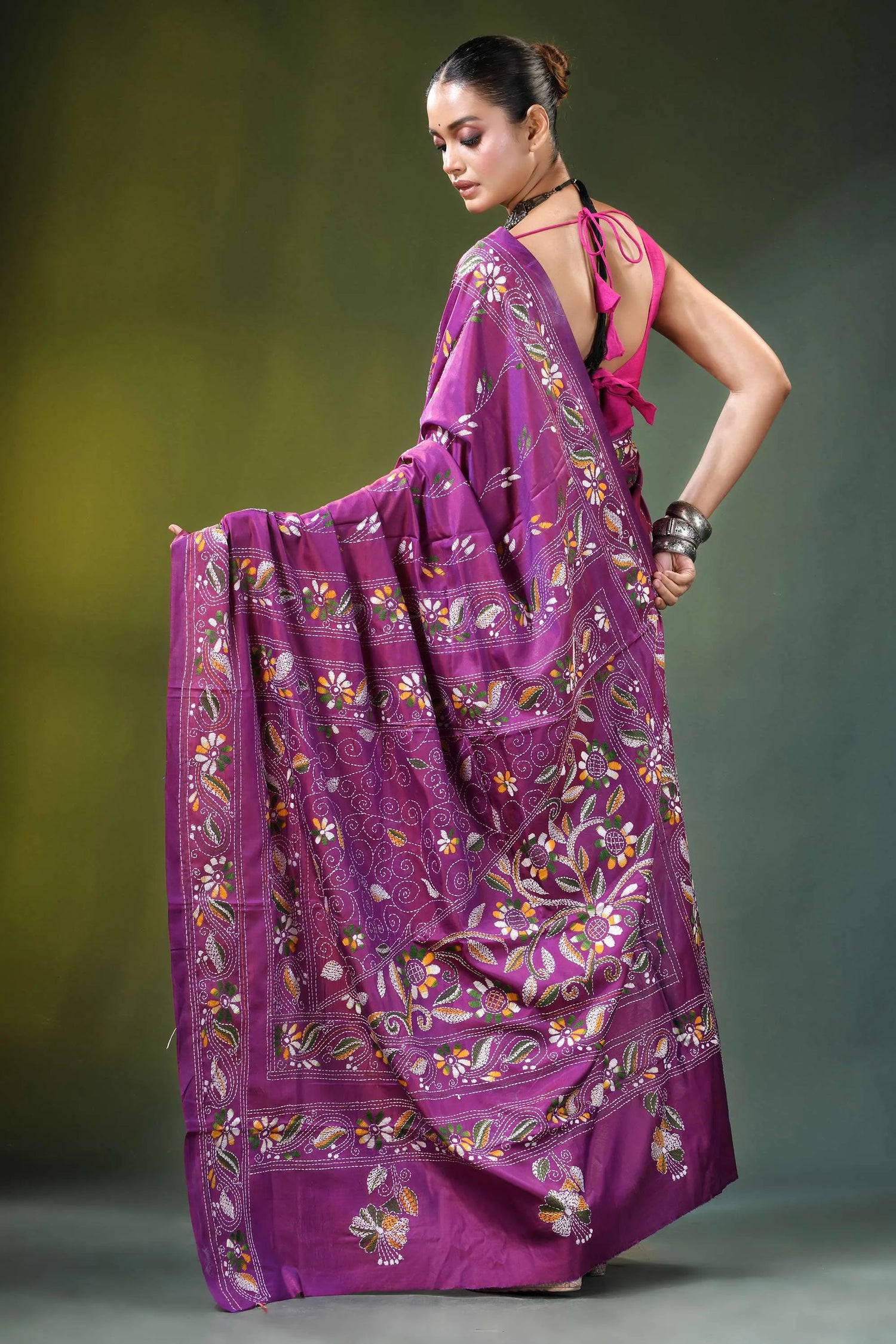 Magenta floral motif hand embroidery silk kantha saree vibrant purple intricate 5