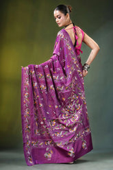 Magenta floral motif hand embroidery silk kantha saree vibrant purple intricate 5