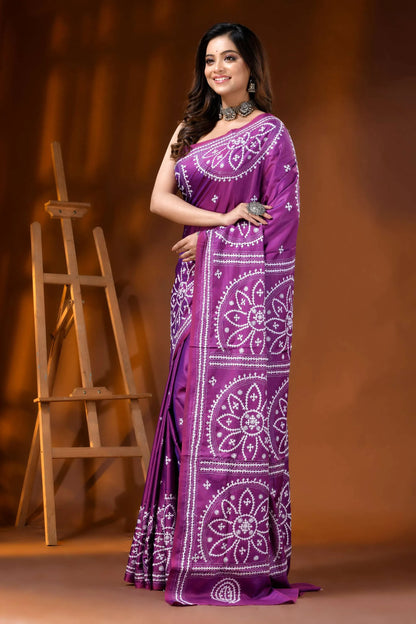 Magenta floral silk kutch embroidery saree - hand embroidered art 3