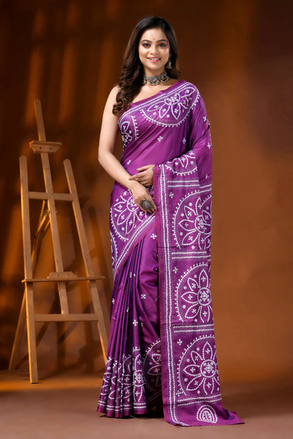 Magenta floral silk kutch embroidery saree - hand embroidered art 1