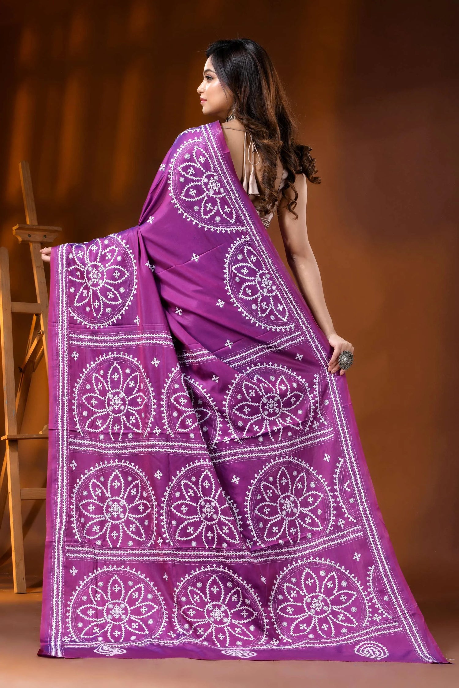 Magenta floral silk kutch embroidery saree - hand embroidered art 5