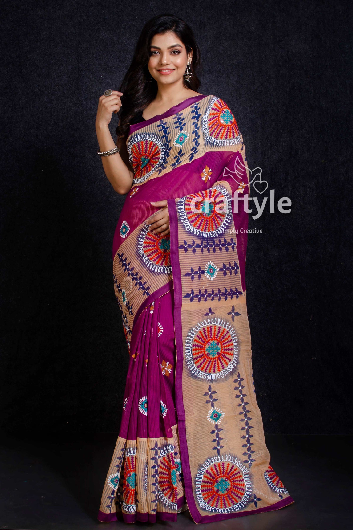 Magenta Gujrati Stitch Handloom Cotton Saree-Craftyle