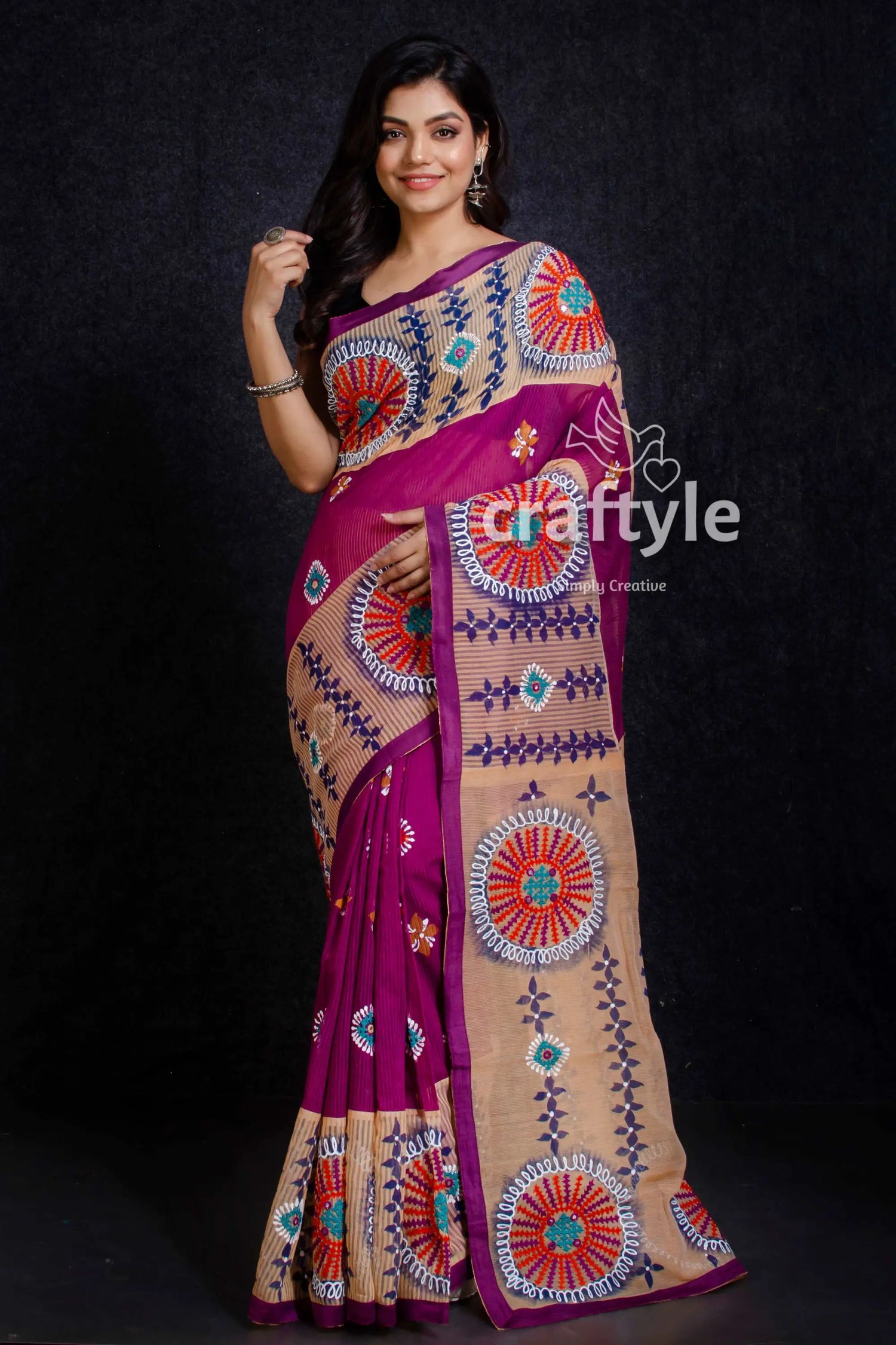 Magenta gujrati stitch handloom cotton saree woman purple beige patterned saree 3