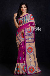 Magenta gujrati stitch handloom cotton saree woman purple beige patterned saree 3