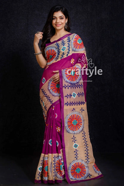 Magenta gujrati stitch handloom cotton saree woman purple beige patterned saree 3